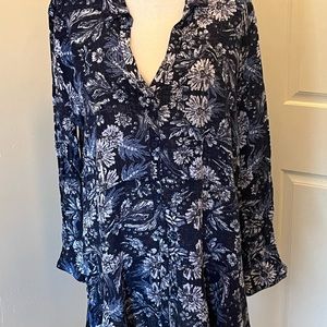 Navy White Floral Ruffled Tunic XL